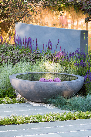 H U G: Healing Urban Garden; view of concrete circular water feature and grey stone slabs surrounded by Festuca glauca (blue fescue grass), Lavandula, Thymes   - Designer: Rae Wilkinson; Sponsor: Livi