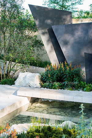 limestone path over stream with clear water  surrounded by stones, irregular geometric bronze sculptures (fins), Isoplexus (Isoplexis) canariensis - Canary Island Foxgloves