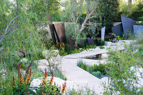 Irregular geometric bronze sculptures (fins), stones and  limestone paths surrounded by Isoplexus (Isoplexis) canariensis - Canary Island Foxgloves, Maytenus boaria, Schinus molle