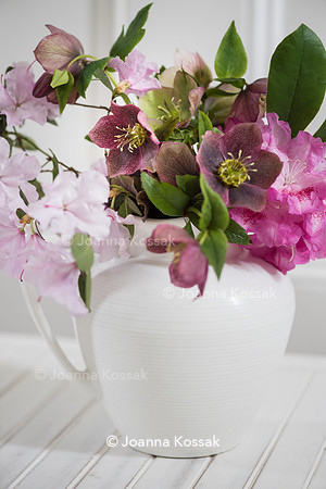 Spring flower arrangement with Helleborus and Rhododendron in white vase.