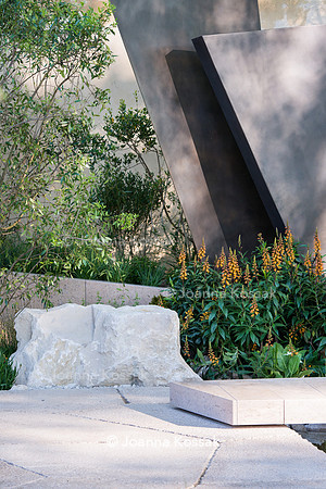 geometric bronze sculptures (fins), stones and  limestone paths surrounded by Isoplexus (Isoplexis) canariensis - Canary Island Foxgloves