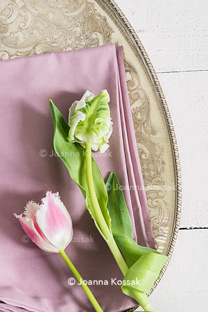 Tulips 'Bell Song' (Fringed Tulip) and 'Super Parrot' on the silver tray.